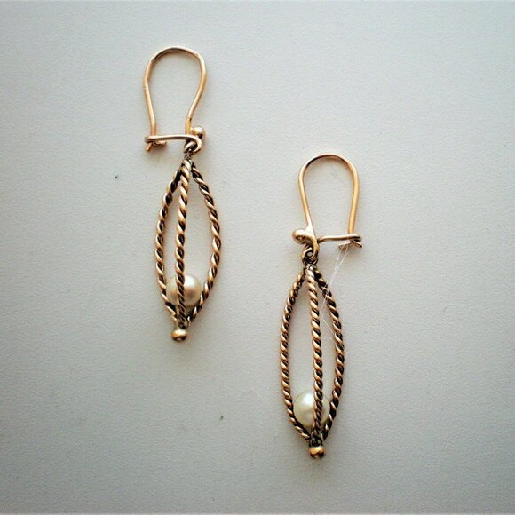 Vintage Solid 14K Yellow Gold White Cultured Pearl Dangle Drop Earrings P - Picture 1 of 5